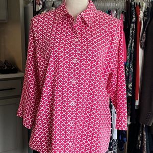 Chico's Button Front Blouse 100% Cotton Pink White Print Size (Chico's 2) Medium